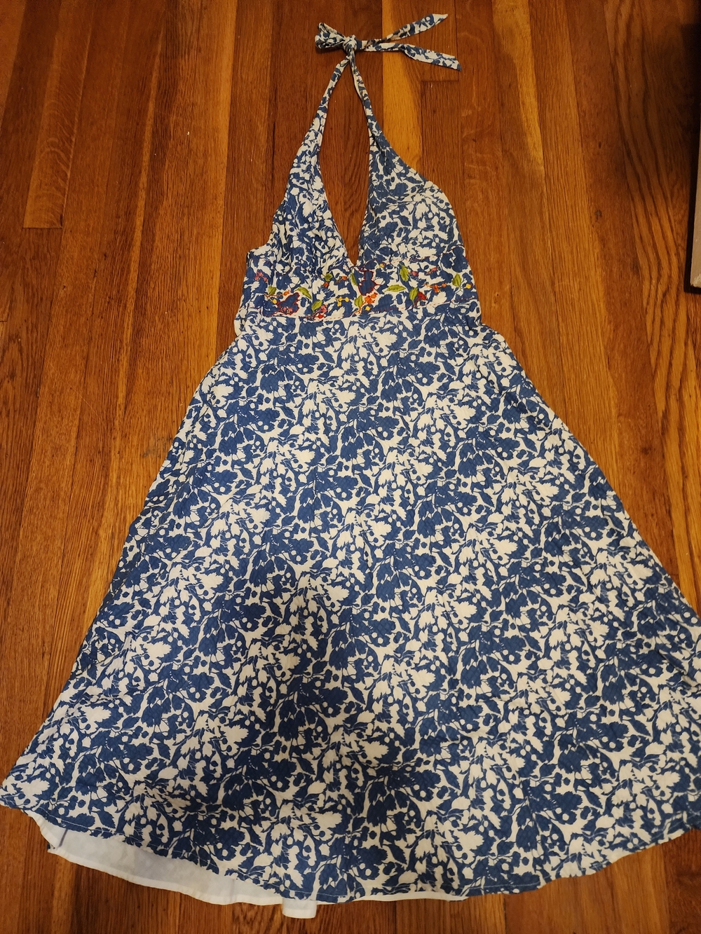 J. Crew Blue and White Floral Backless Halter Dress